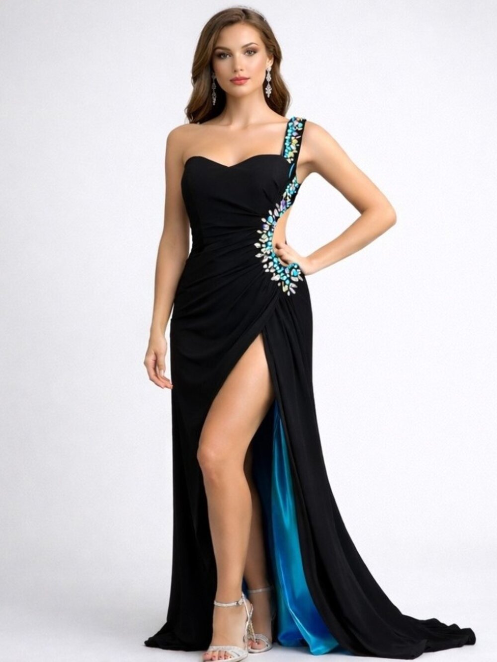 Betsy & Adam Evening Gown Womens 2 Black Ruched Lined Beaded Backless Prom Dress